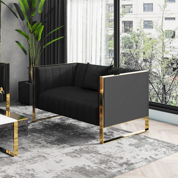 Manhattan Comfort Trillium 57.48 in. Black and Gold Velvet 2-Seater Loveseat LS016-BK - Image 2